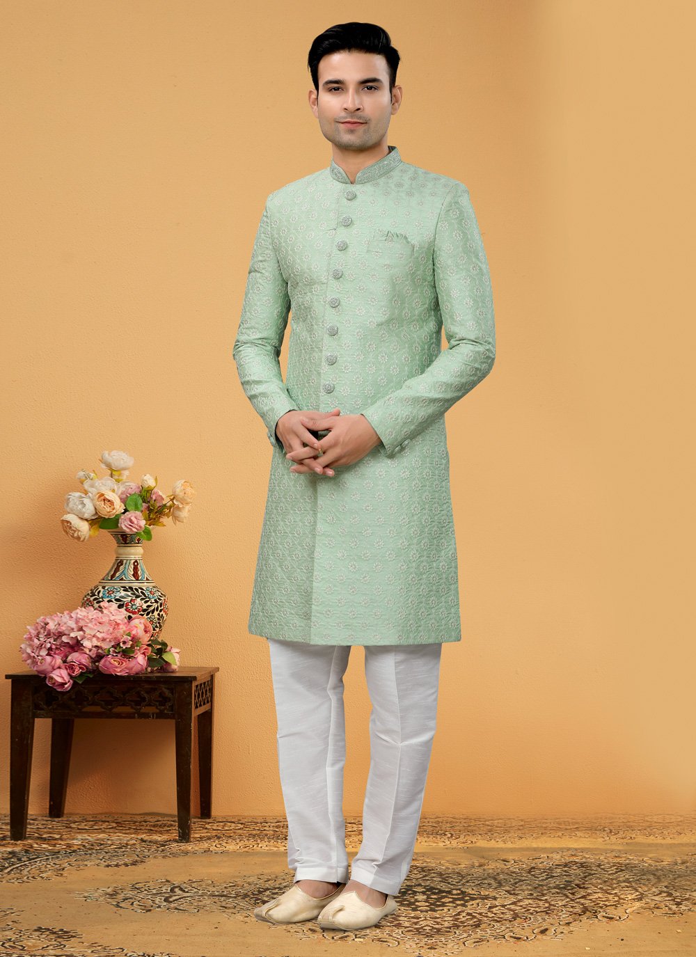 Indo Western Sherwani Art Silk Green Hand Work Mens