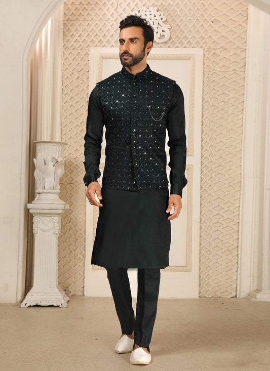 Kurta Payjama With Jacket Art Silk Green Embroidered Mens