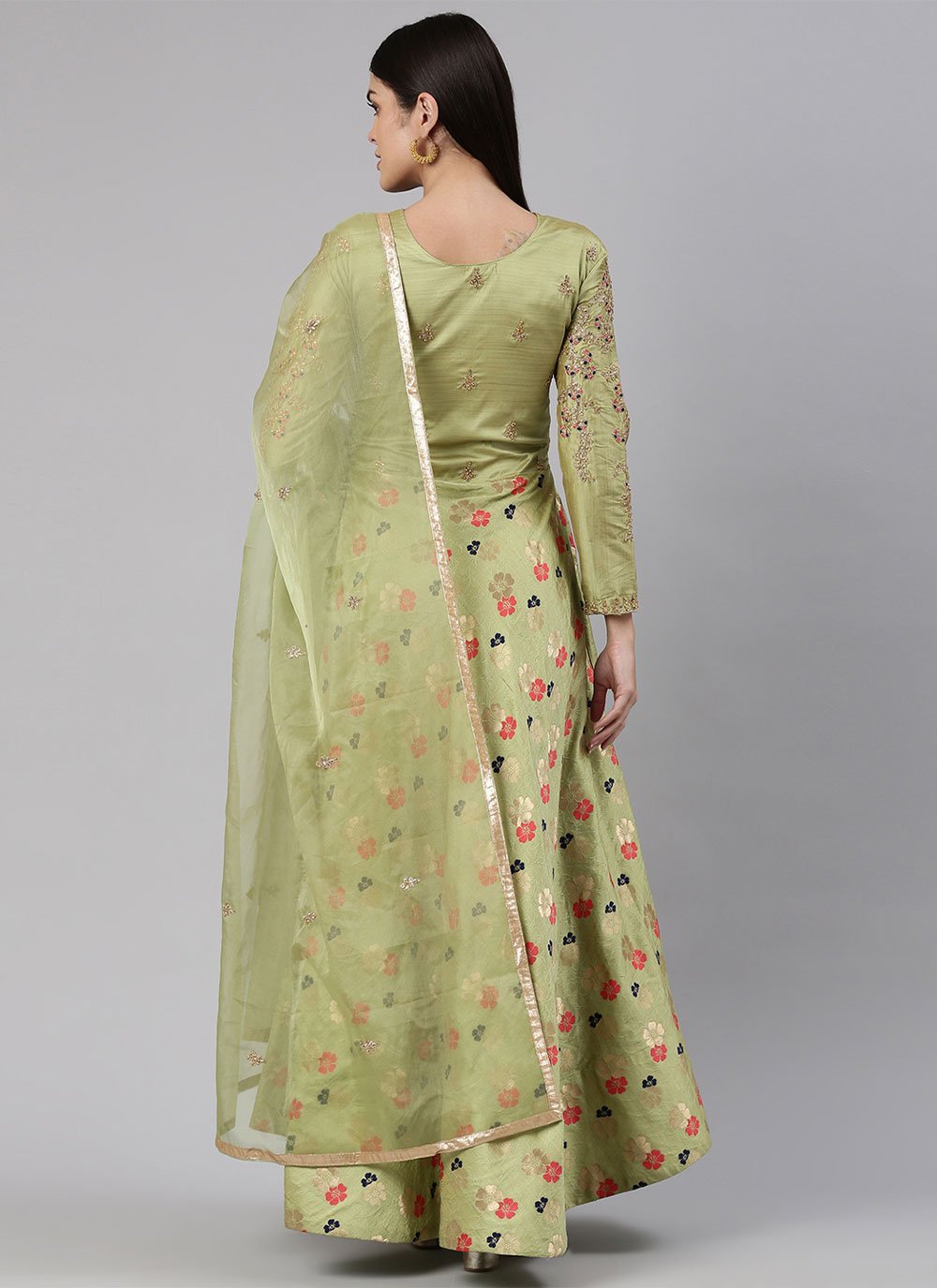 Designer Gown Banarasi Jacquard Green Embroidered Gown