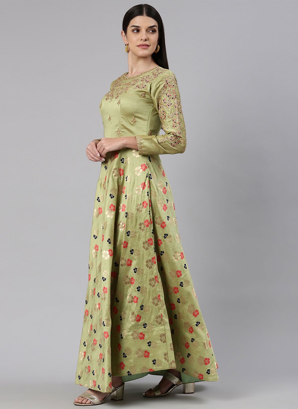 Designer Gown Banarasi Jacquard Green Embroidered Gown