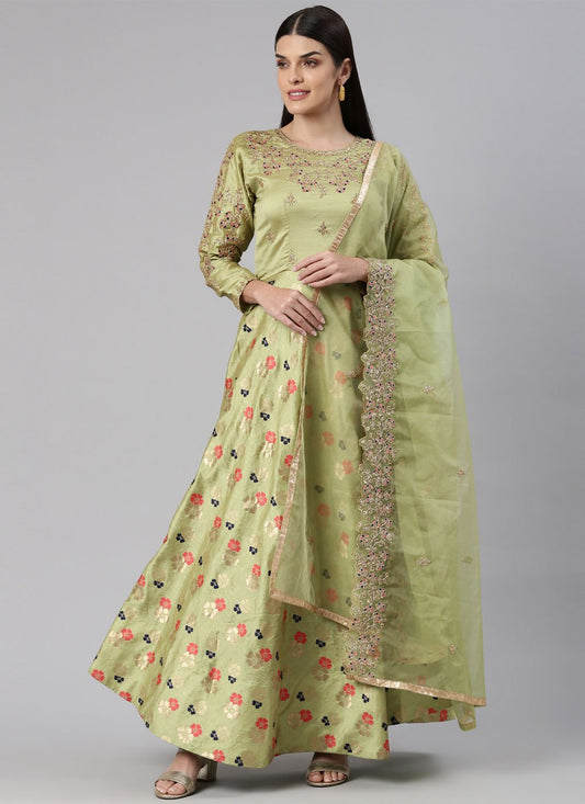 Designer Gown Banarasi Jacquard Green Embroidered Gown