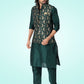 Kurta Payjama With Jacket Banarasi Jacquard Green Fancy Work Mens