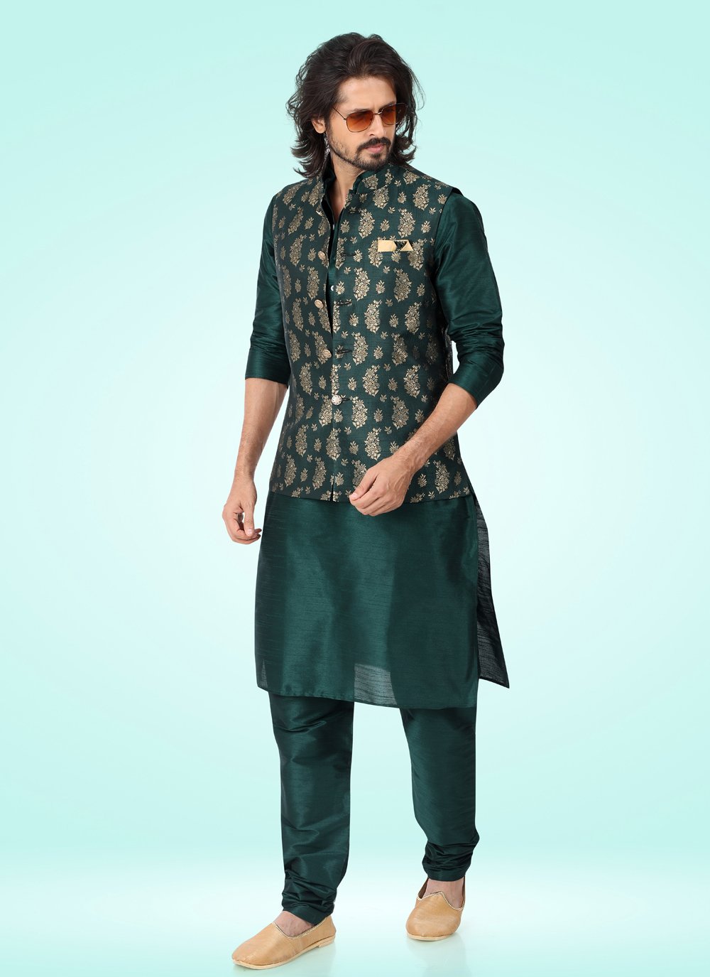 Kurta Payjama With Jacket Banarasi Jacquard Green Fancy Work Mens