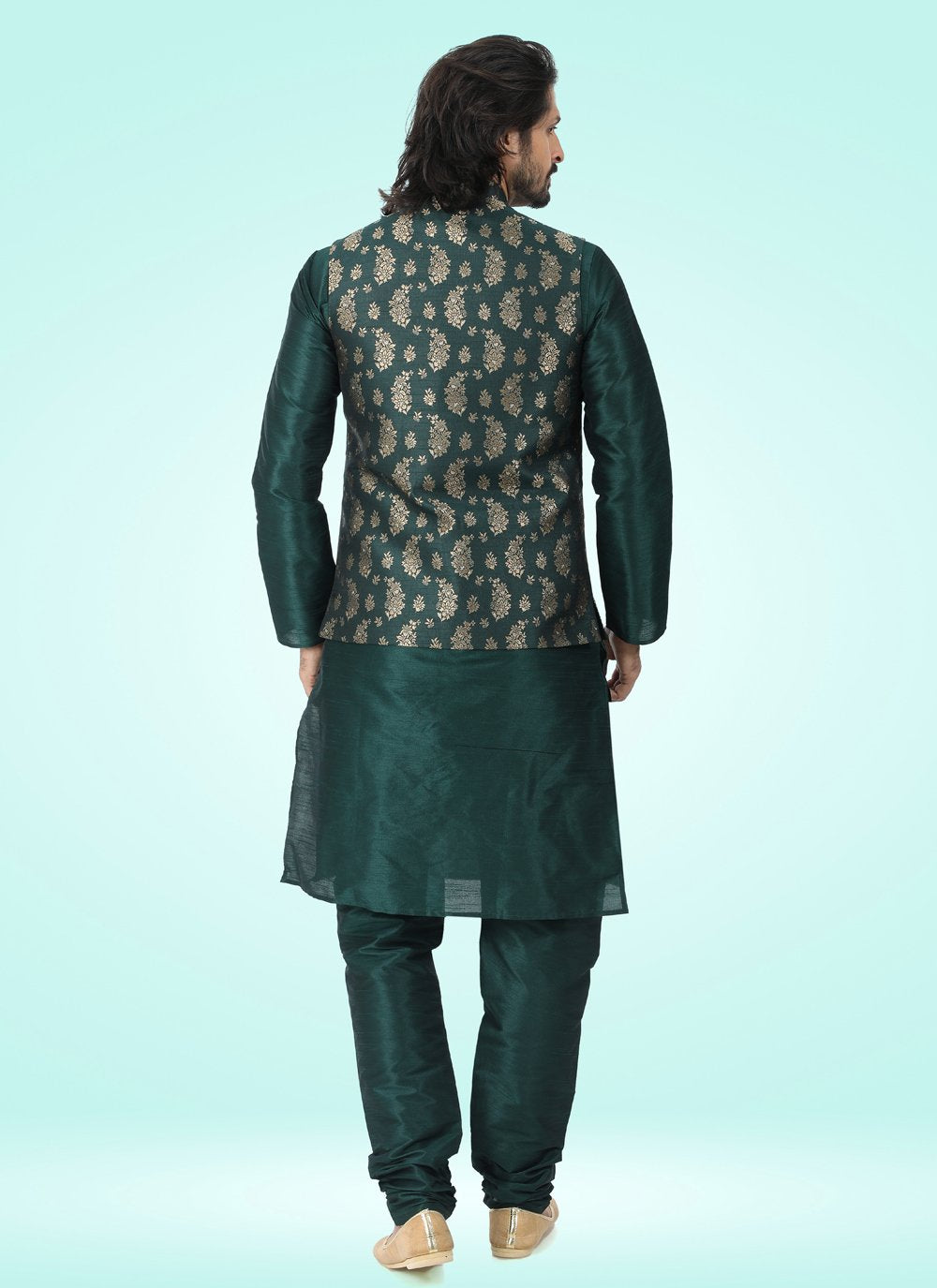 Kurta Payjama With Jacket Banarasi Jacquard Green Fancy Work Mens