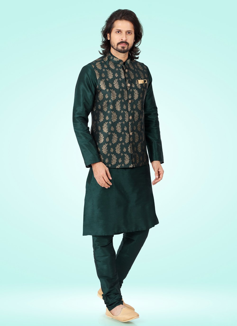 Kurta Payjama With Jacket Banarasi Jacquard Green Fancy Work Mens