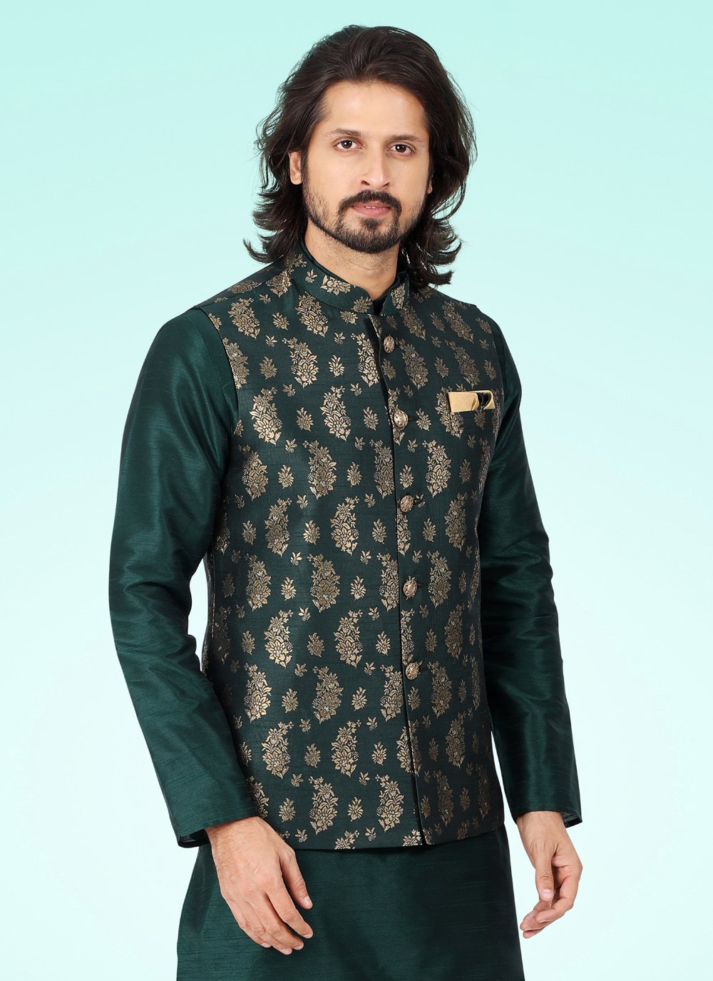 Kurta Payjama With Jacket Banarasi Jacquard Green Fancy Work Mens