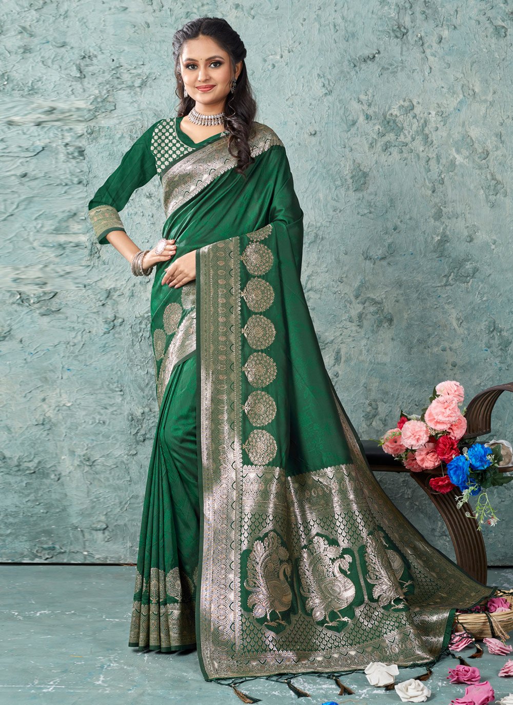 Traditional Saree Banarasi Silk Green Foil Print Saree