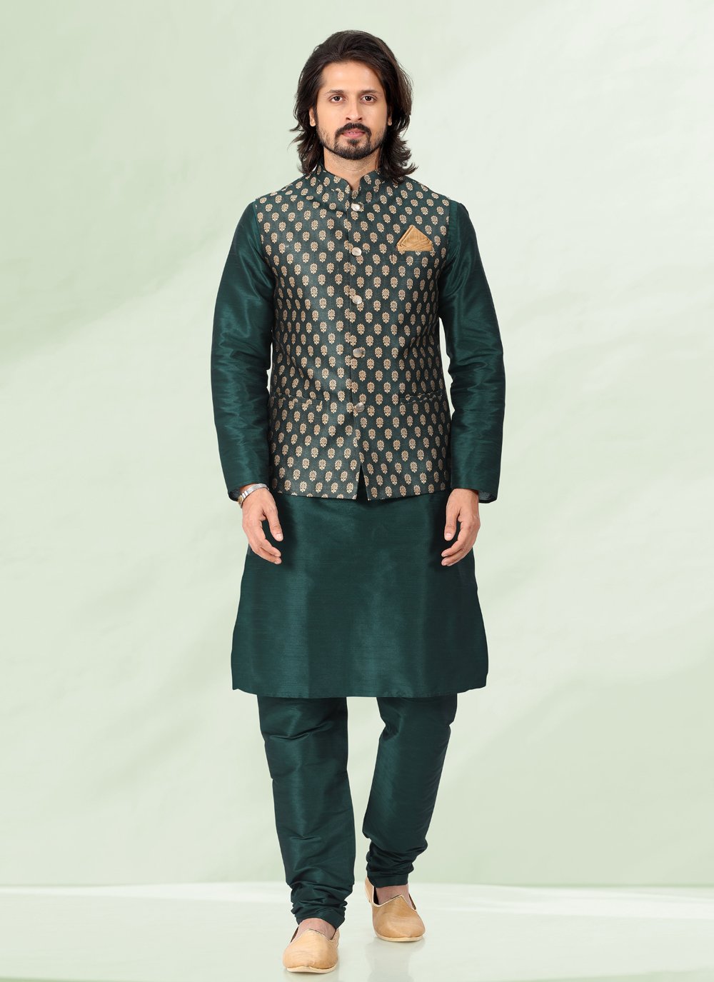 Kurta Payjama With Jacket Banarasi Silk Jacquard Green Jacquard Work Mens
