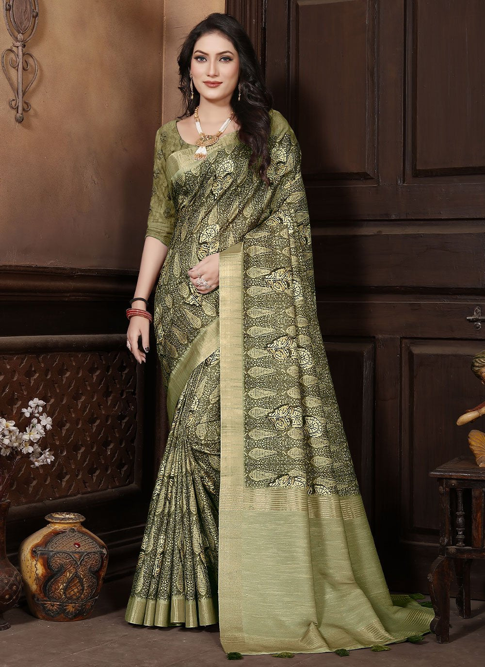 Classic Banarasi Silk Green Digital Print Saree