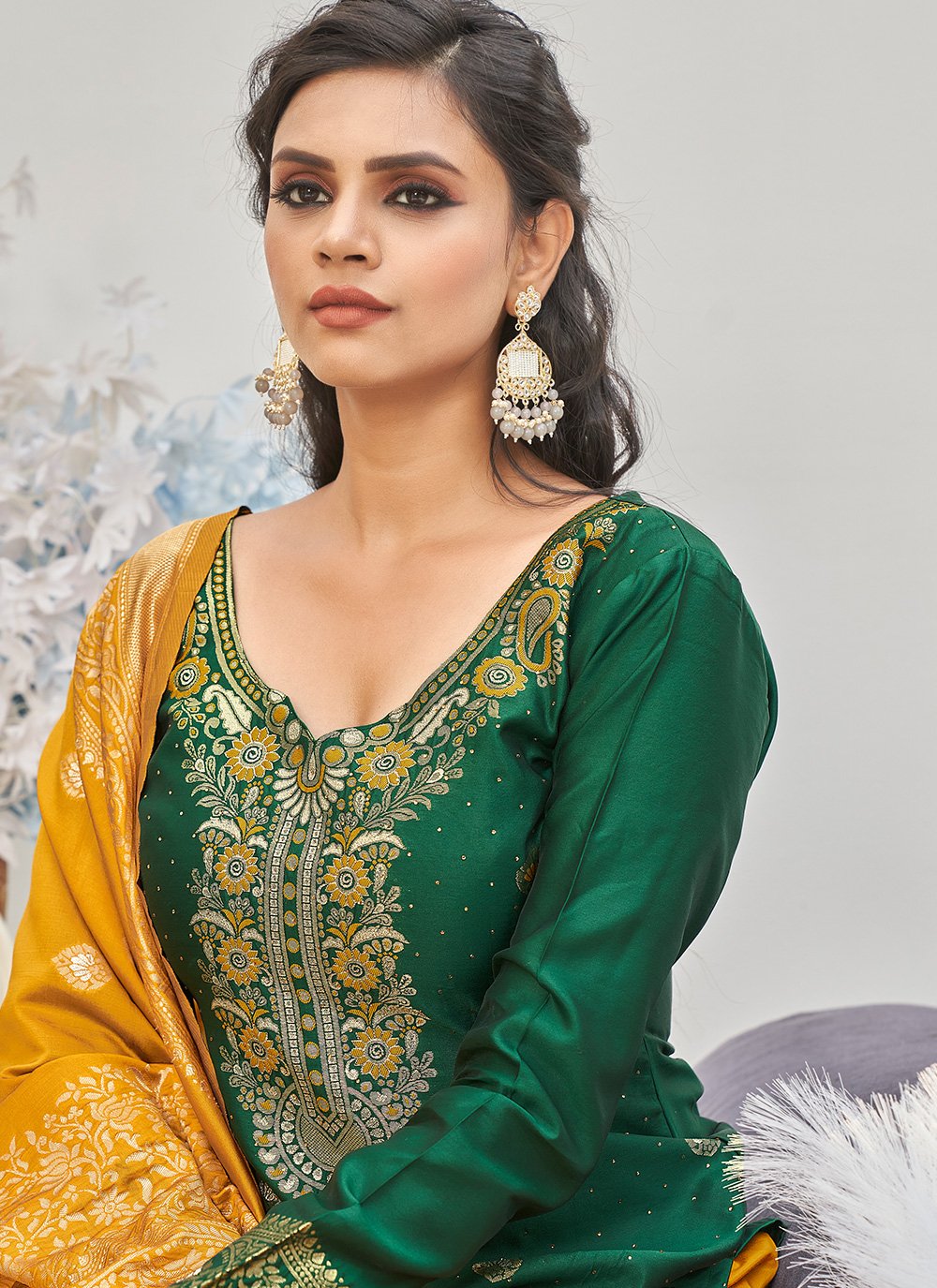 Pant Style Suit Banarasi Silk Green Woven Salwar Kameez