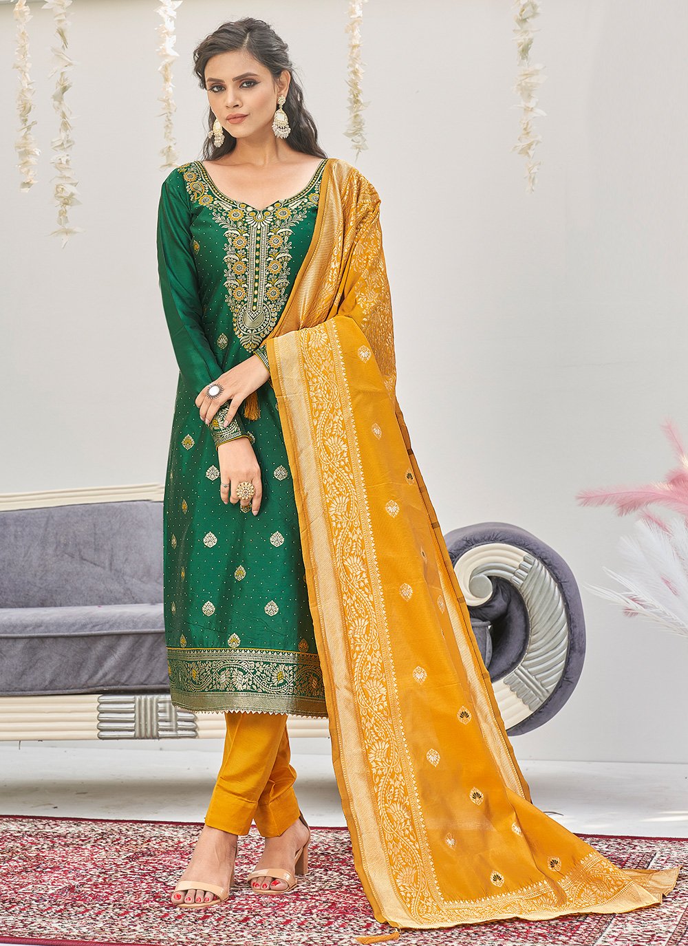Pant Style Suit Banarasi Silk Green Woven Salwar Kameez