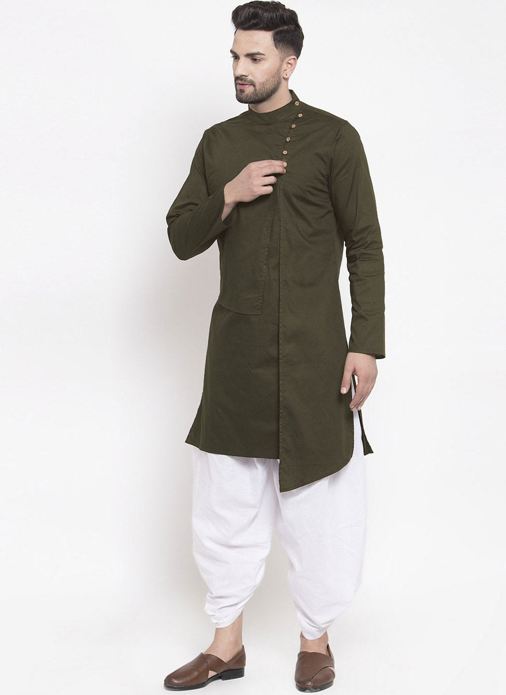 Indo Western Blended Cotton Green Buttons Mens