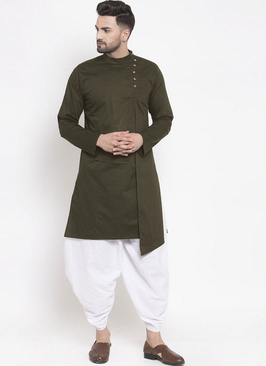 Indo Western Blended Cotton Green Buttons Mens