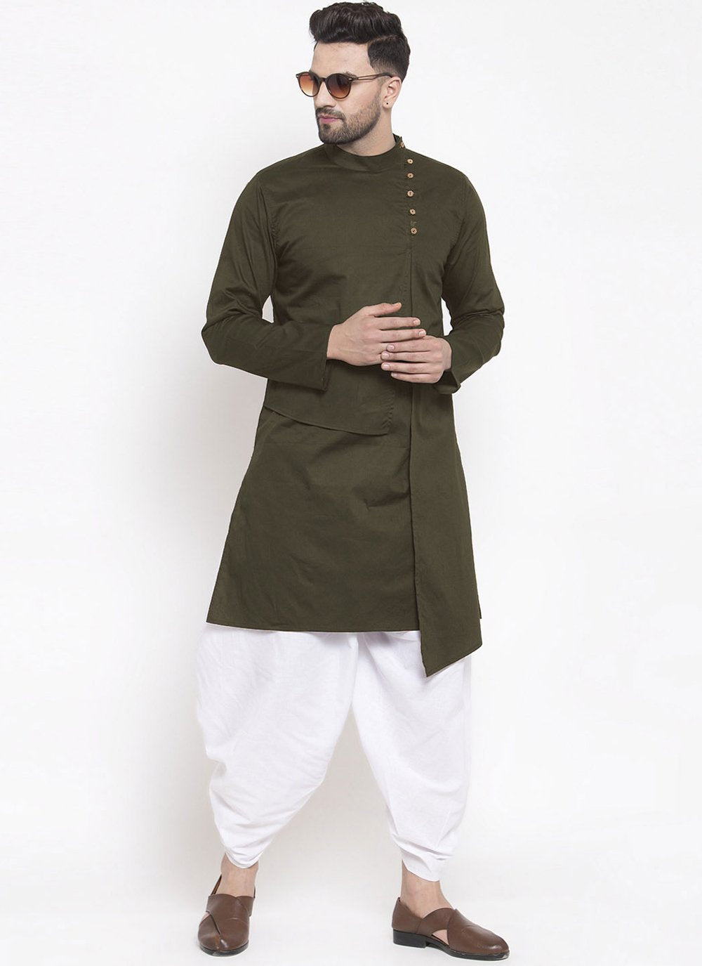 Indo Western Blended Cotton Green Buttons Mens