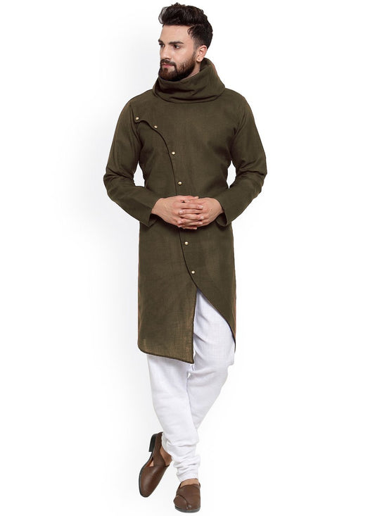 Indo Western Blended Cotton Green Buttons Mens