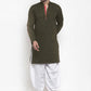 Dhoti Kurta Blended Cotton Green Plain Mens