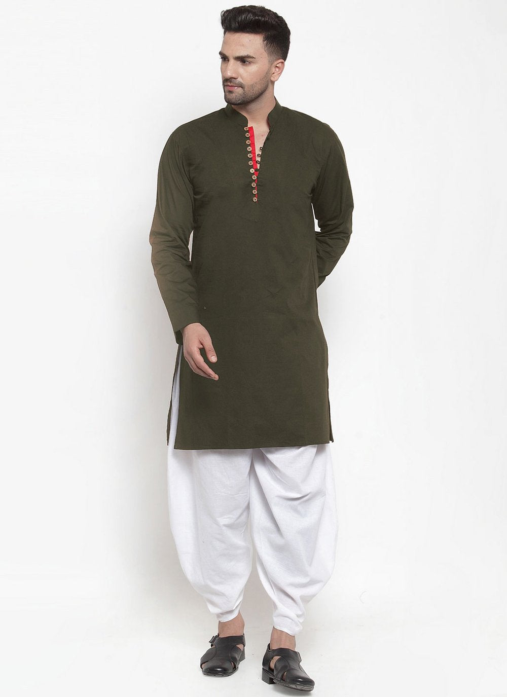 Dhoti Kurta Blended Cotton Green Plain Mens