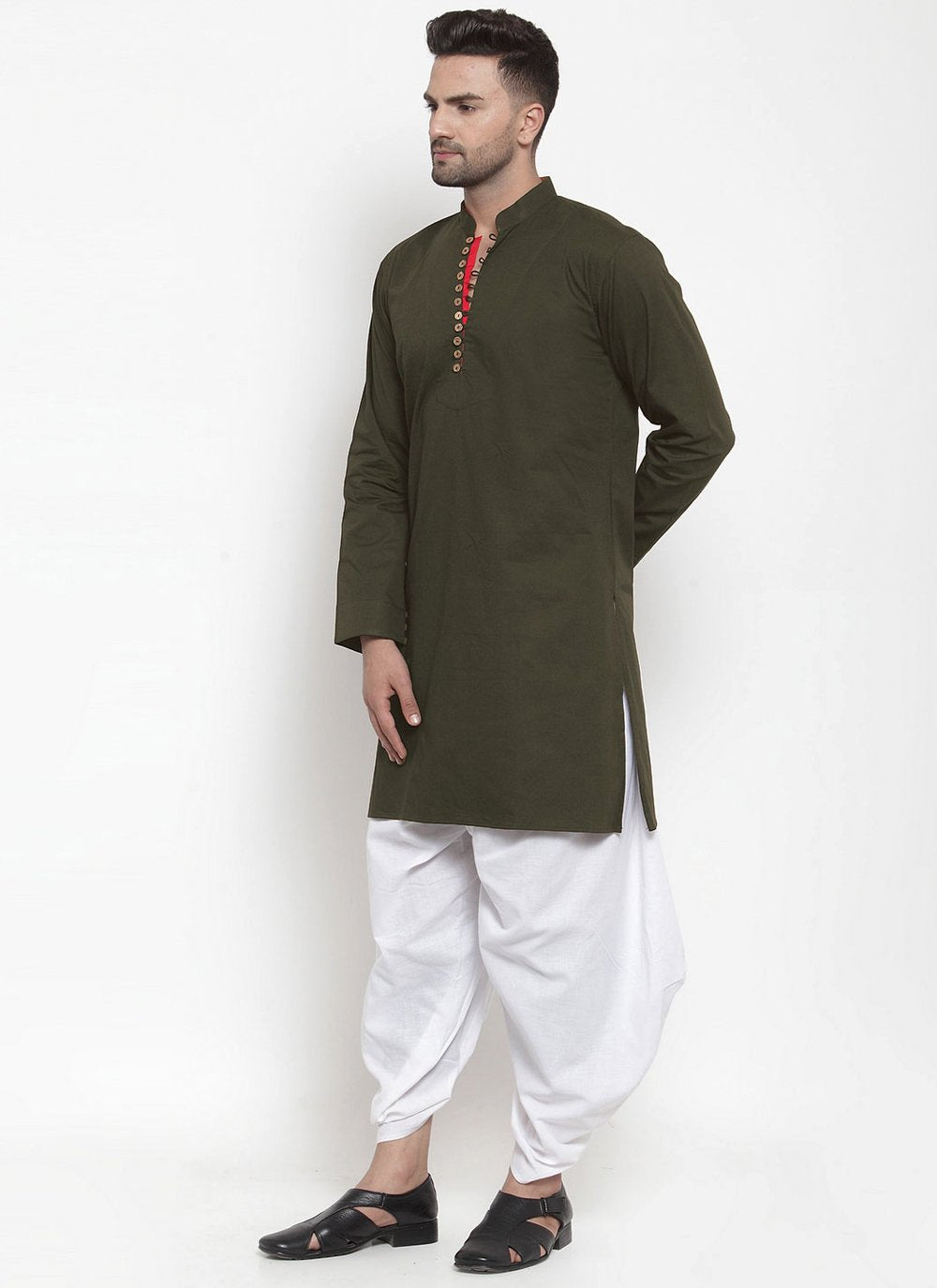 Dhoti Kurta Blended Cotton Green Plain Mens