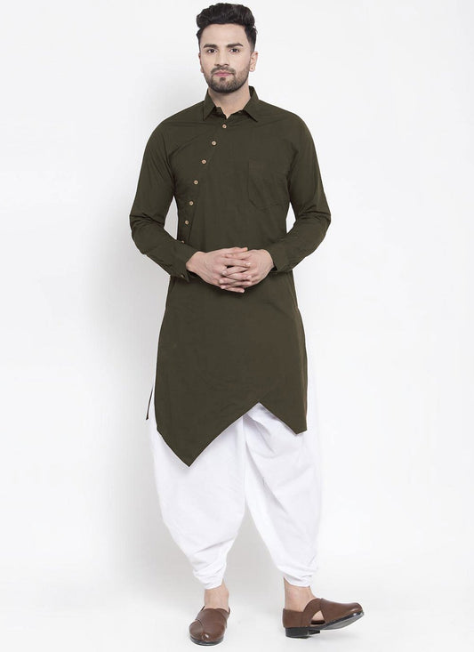 Indo Western Blended Cotton Green Buttons Mens