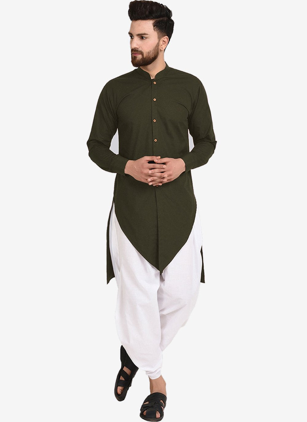 Dhoti Kurta Blended Cotton Green Plain Mens