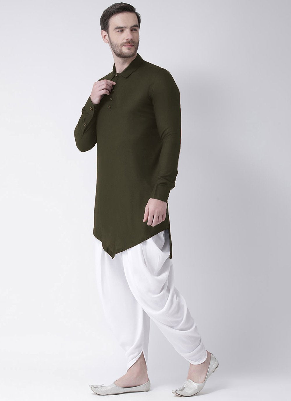 Kurta Blended Cotton Green Plain Mens