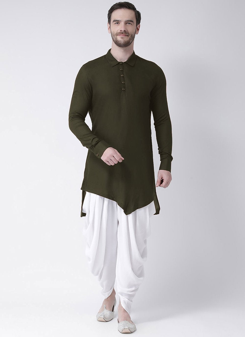 Kurta Blended Cotton Green Plain Mens