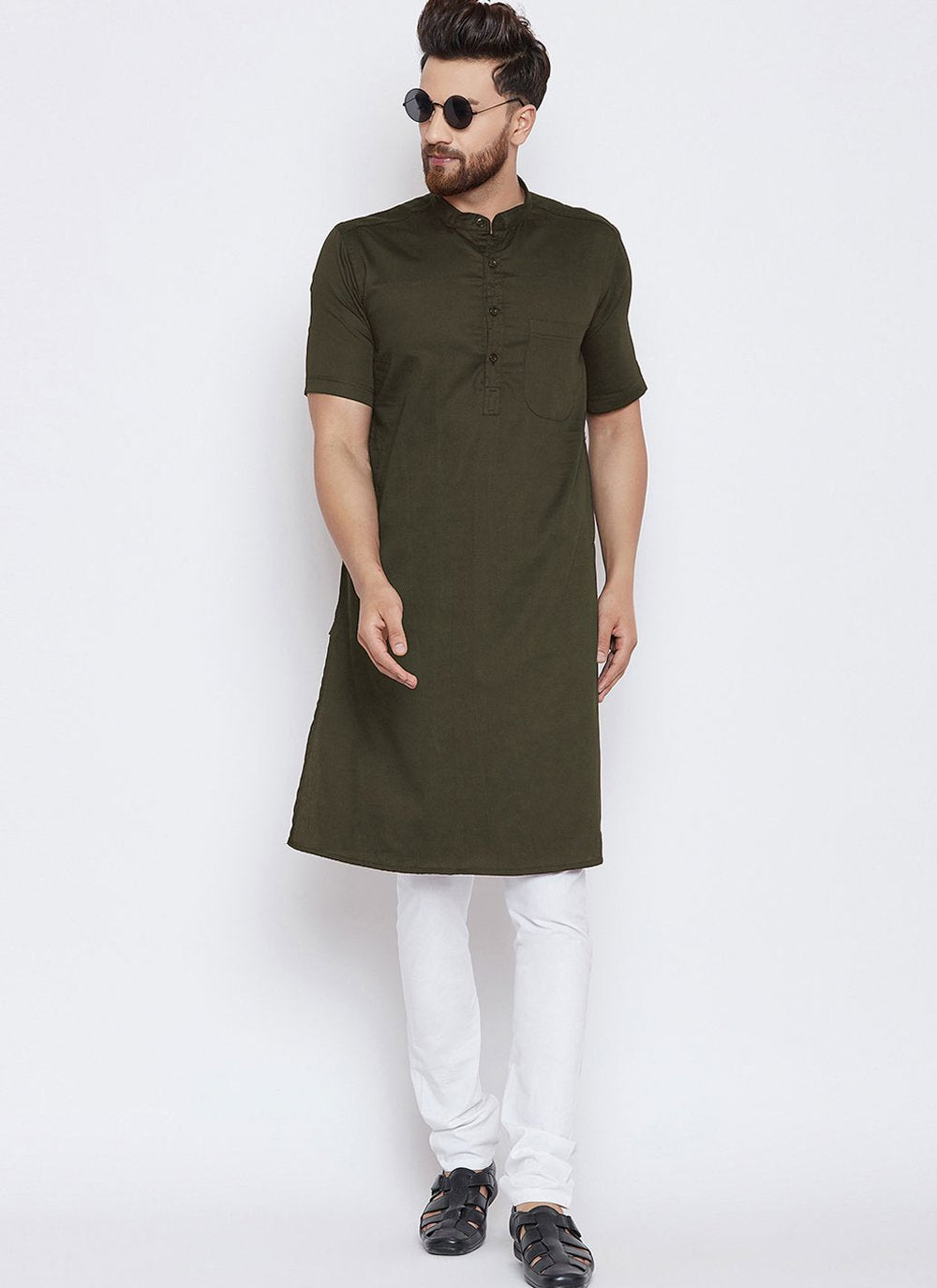 Kurta Pyjama Blended Cotton Green Plain Mens