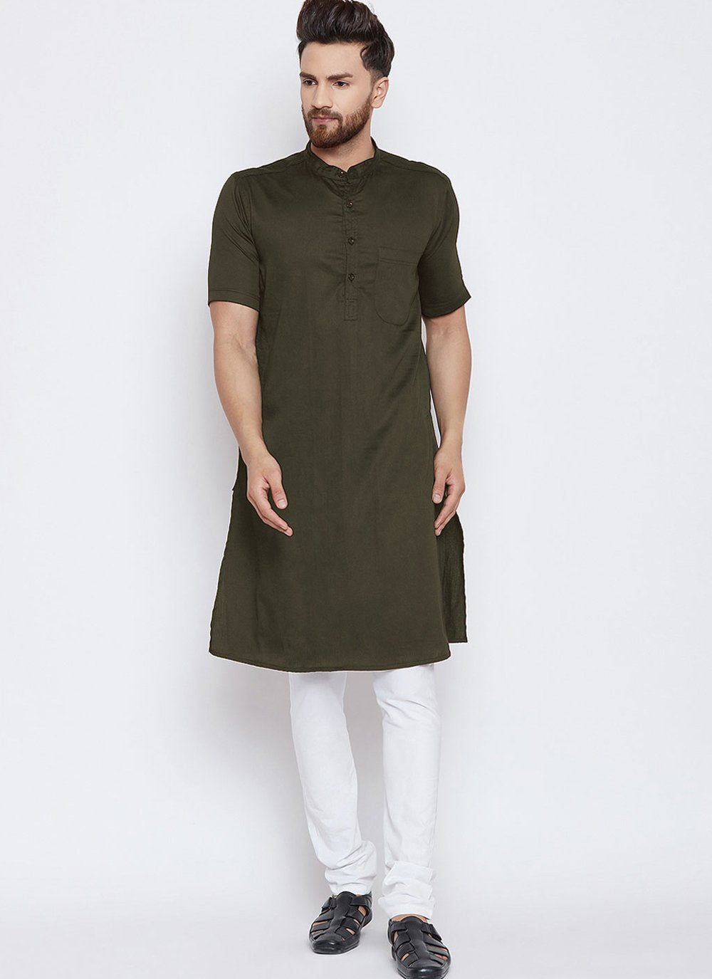 Kurta Pyjama Blended Cotton Green Plain Mens