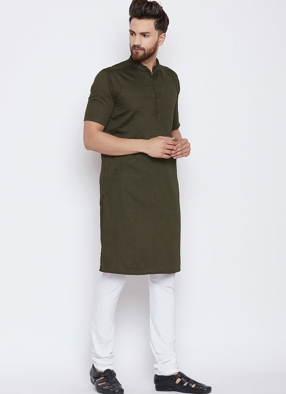 Kurta Pyjama Blended Cotton Green Plain Mens