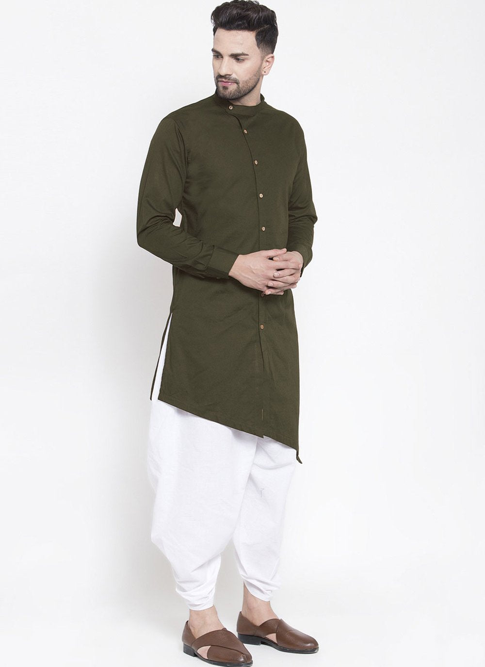 Dhoti Kurta Blended Cotton Green Plain Mens