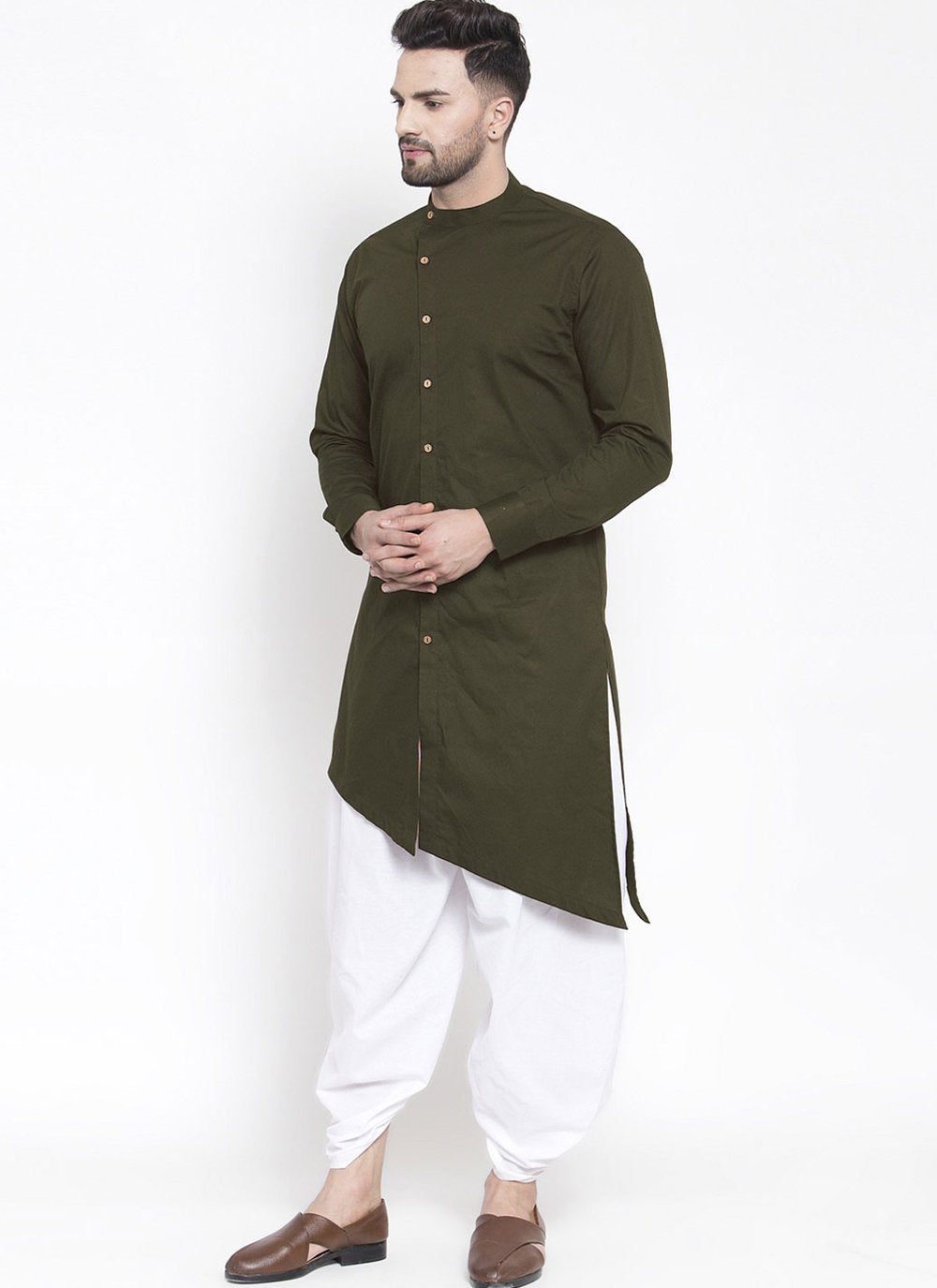 Dhoti Kurta Blended Cotton Green Plain Mens