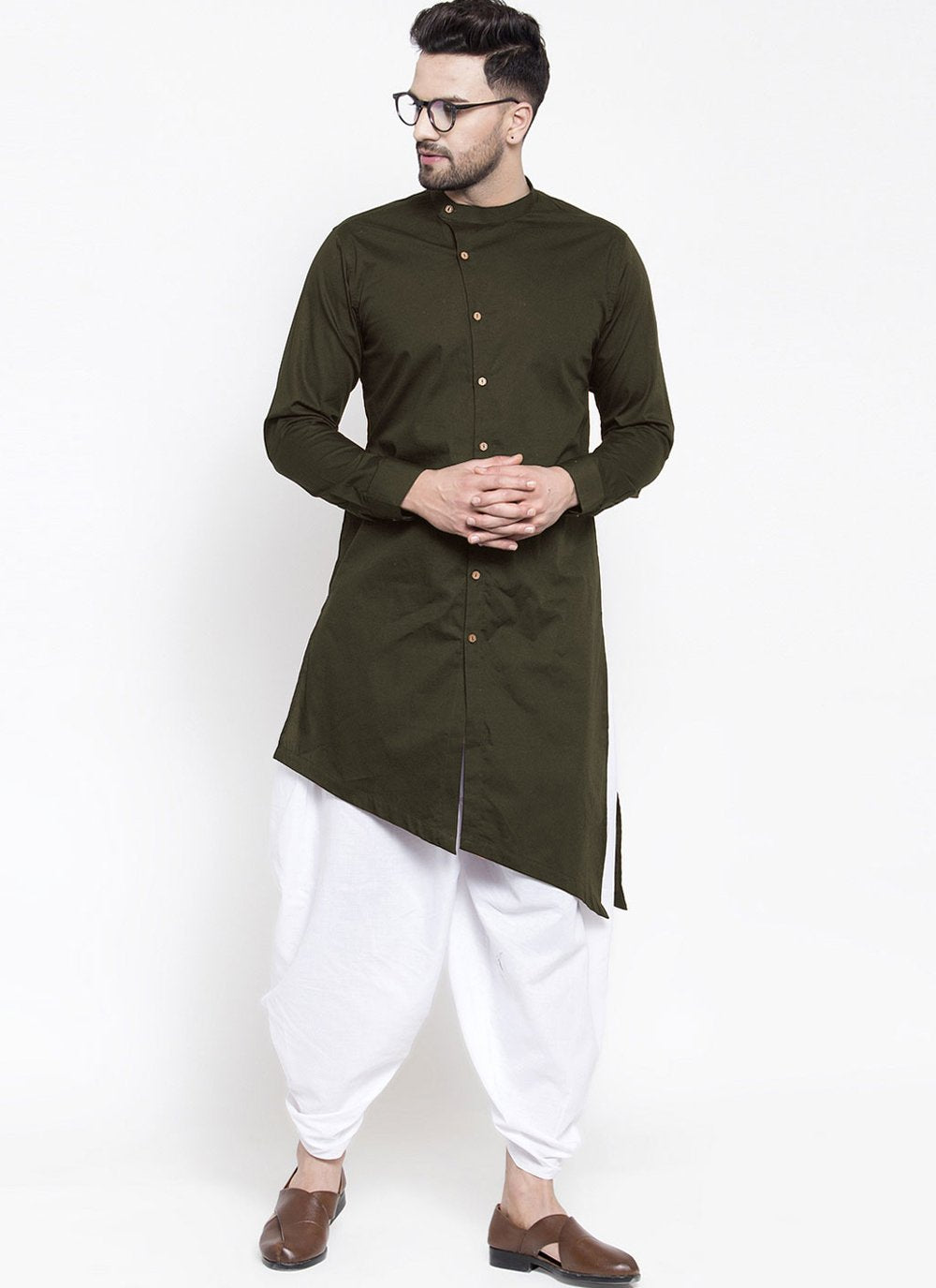 Dhoti Kurta Blended Cotton Green Plain Mens