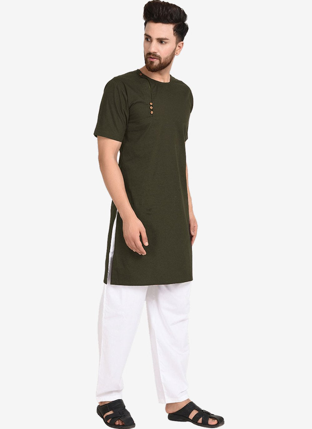 Kurta Pyjama Blended Cotton Green Plain Mens