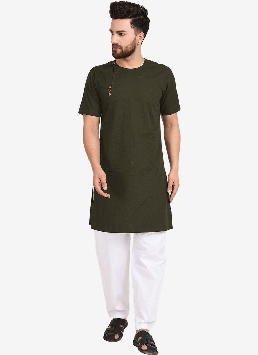 Kurta Pyjama Blended Cotton Green Plain Mens