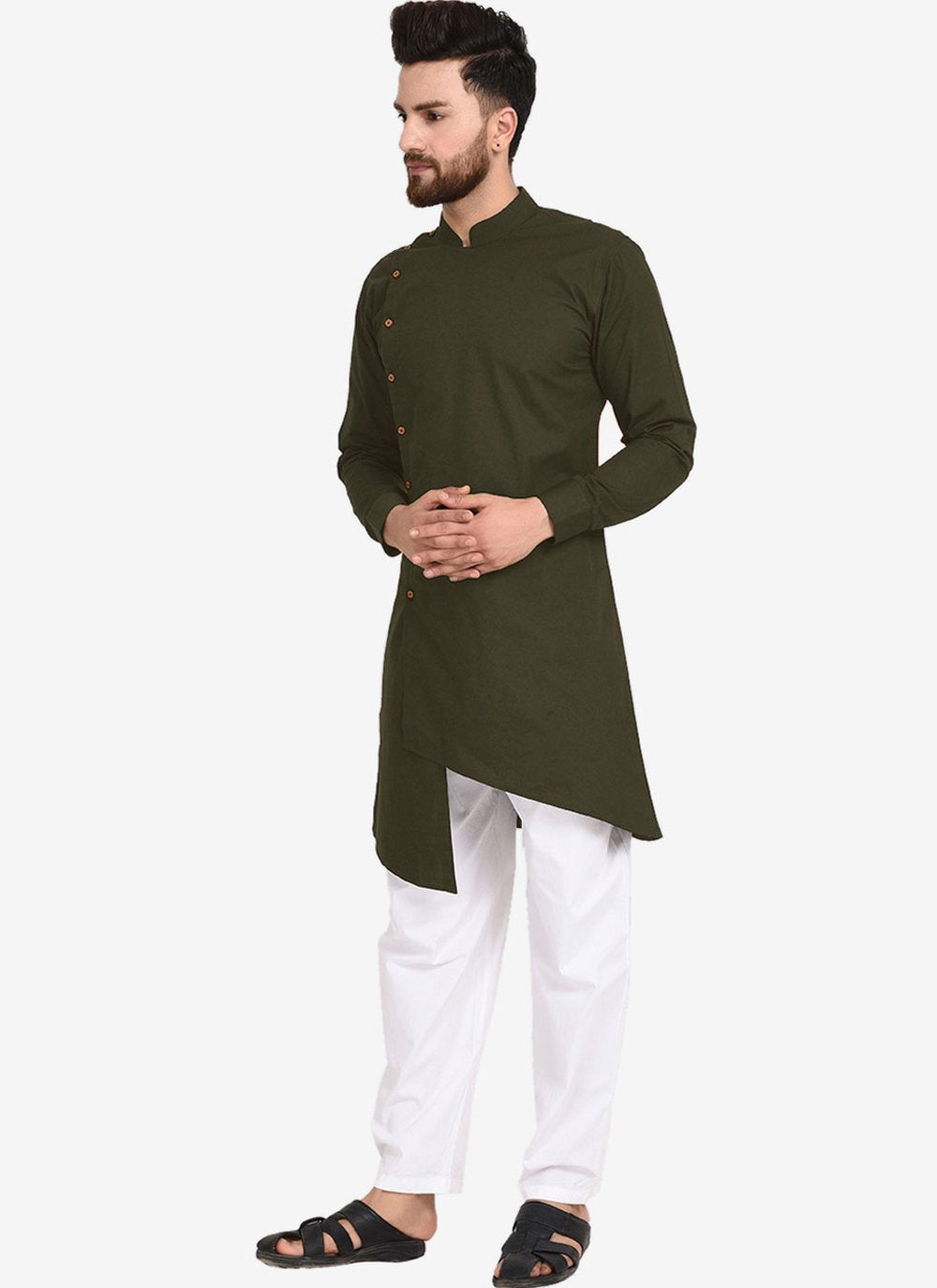 Kurta Pyjama Blended Cotton Green Plain Mens