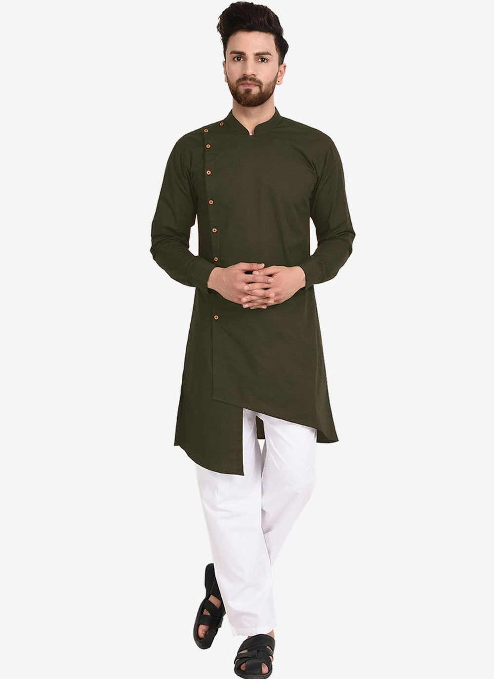 Kurta Pyjama Blended Cotton Green Plain Mens