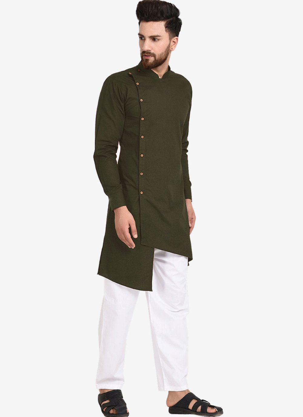 Kurta Pyjama Blended Cotton Green Plain Mens