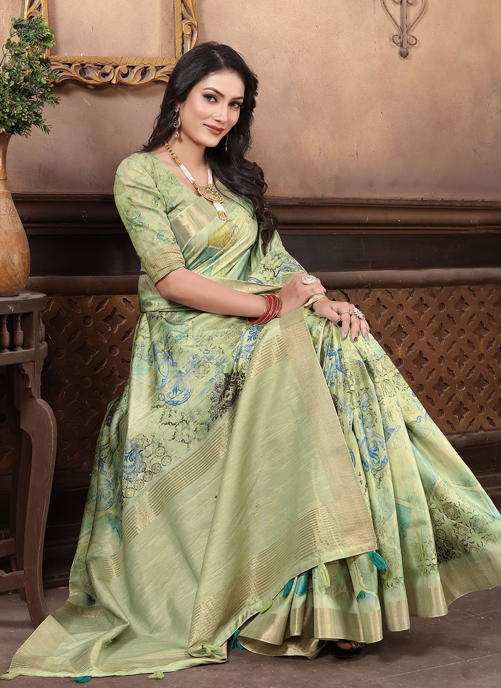 Contemporary Banarasi Silk Green Digital Print Saree