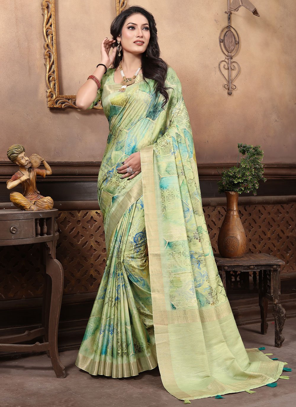 Contemporary Banarasi Silk Green Digital Print Saree