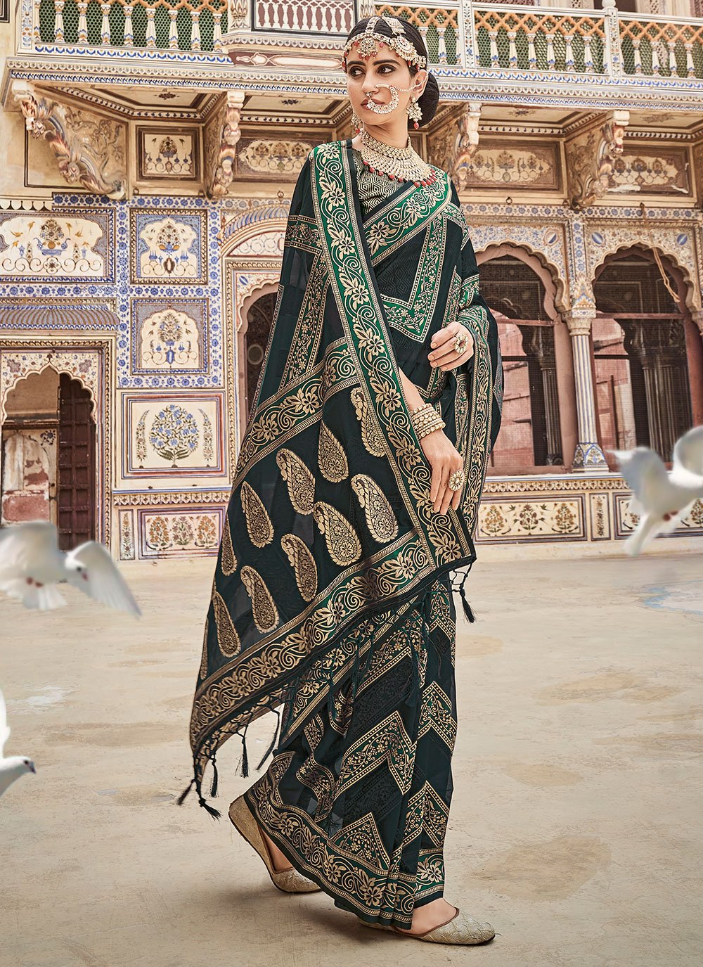 Classic Organza Pure Dola Green Lace Saree