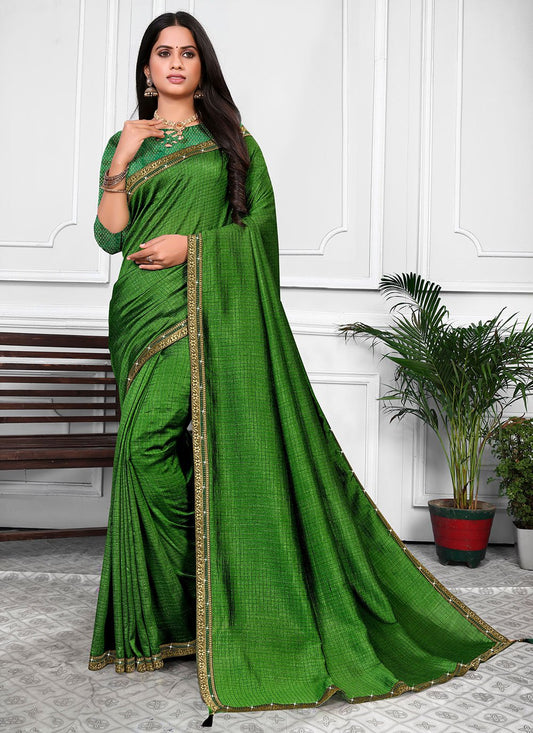 Contemporary Vichitra Silk Green Patch Border Saree