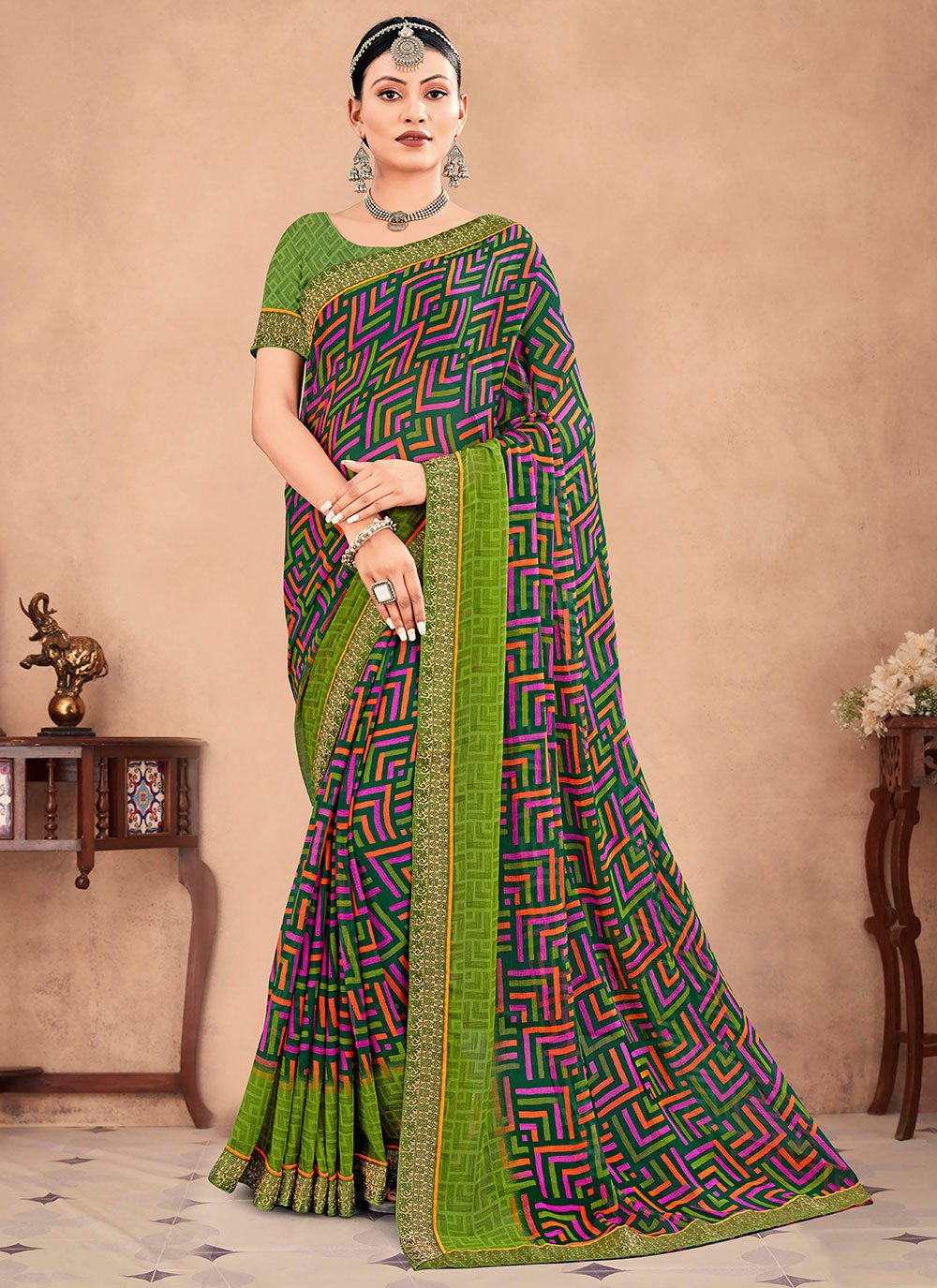 Contemporary Chiffon Green Patch Border Saree