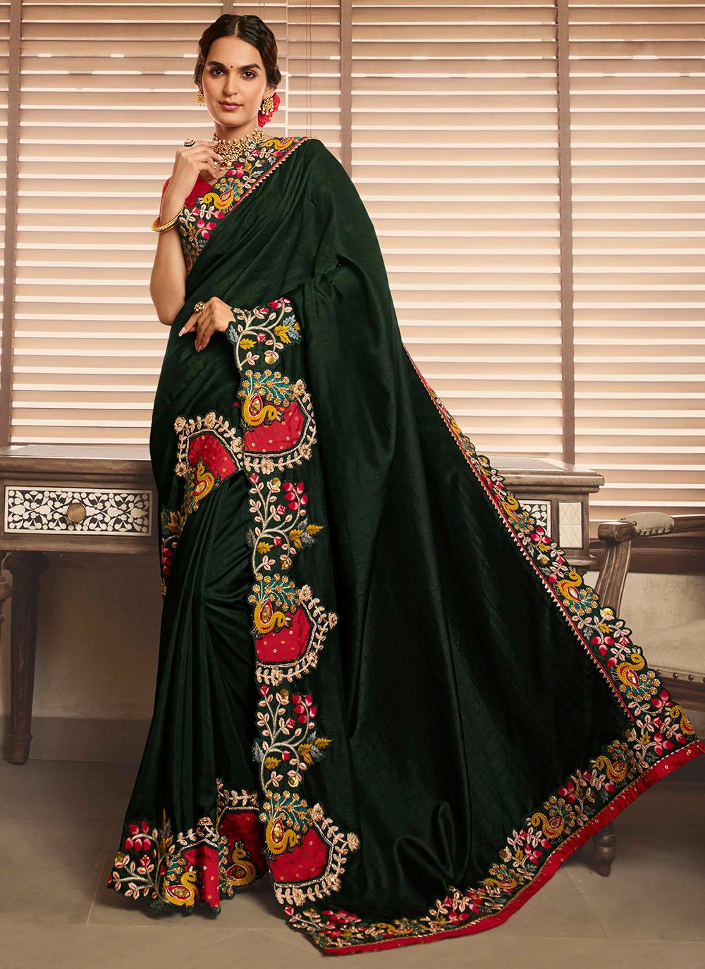 Contemporary Silk Green Embroidered Saree