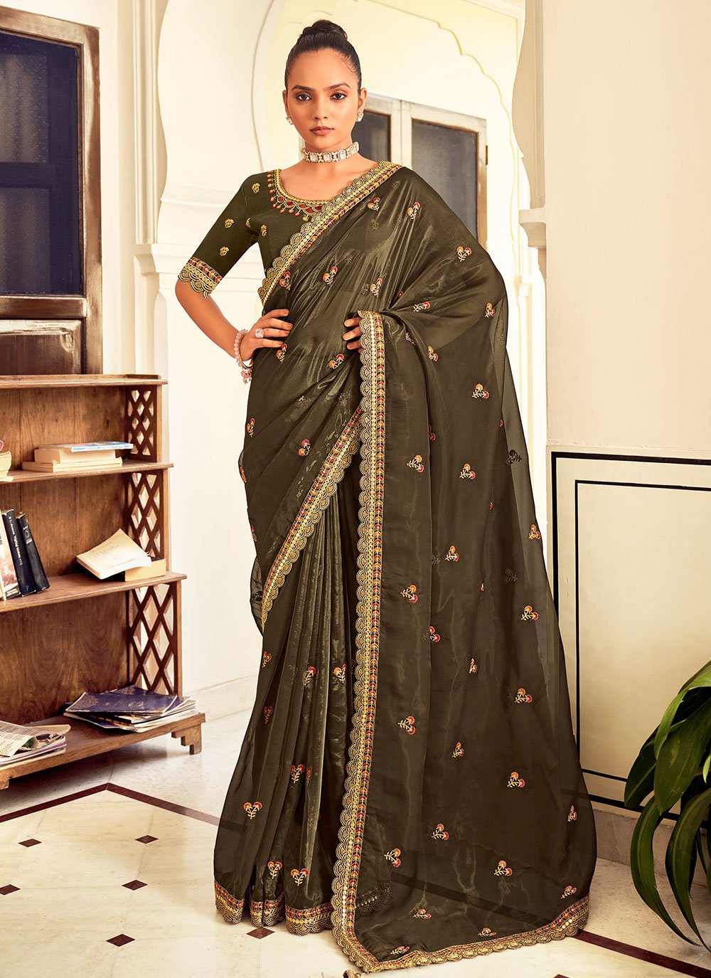 Contemporary Georgette Green Embroidered Saree