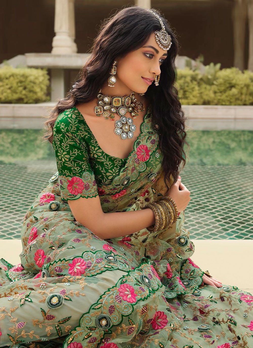 Contemporary Net Green Embroidered Saree