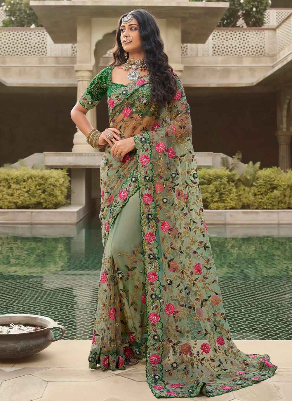 Contemporary Net Green Embroidered Saree