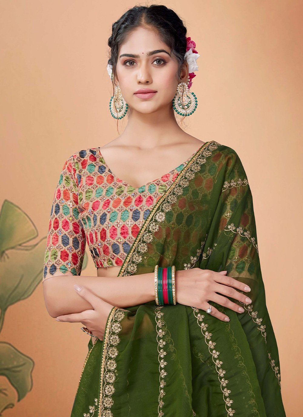 Designer Organza Green Embroidered Saree