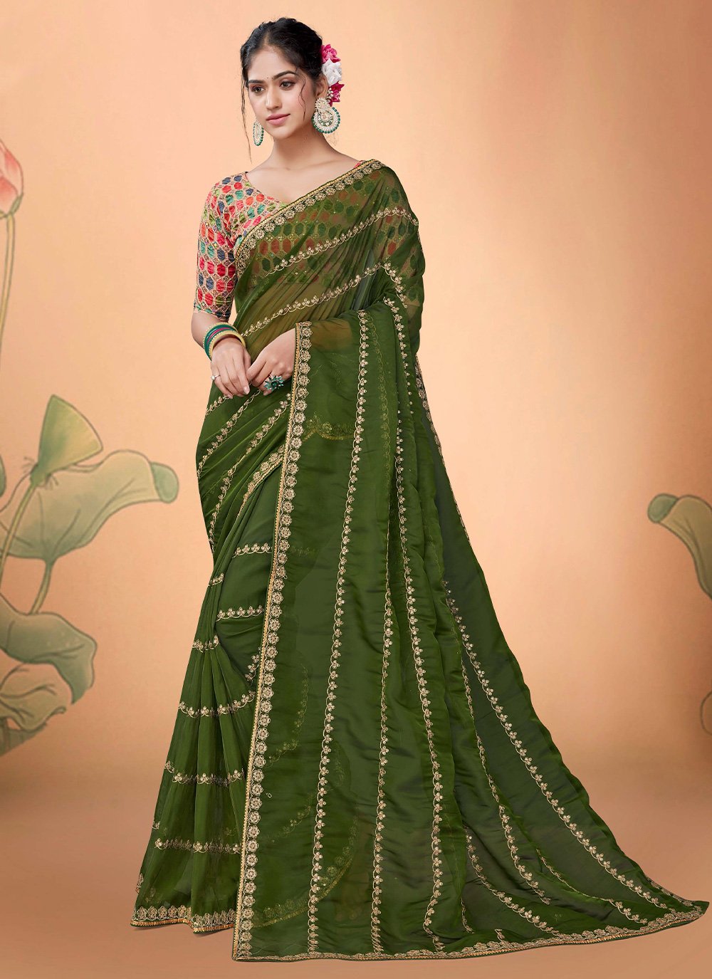 Designer Organza Green Embroidered Saree