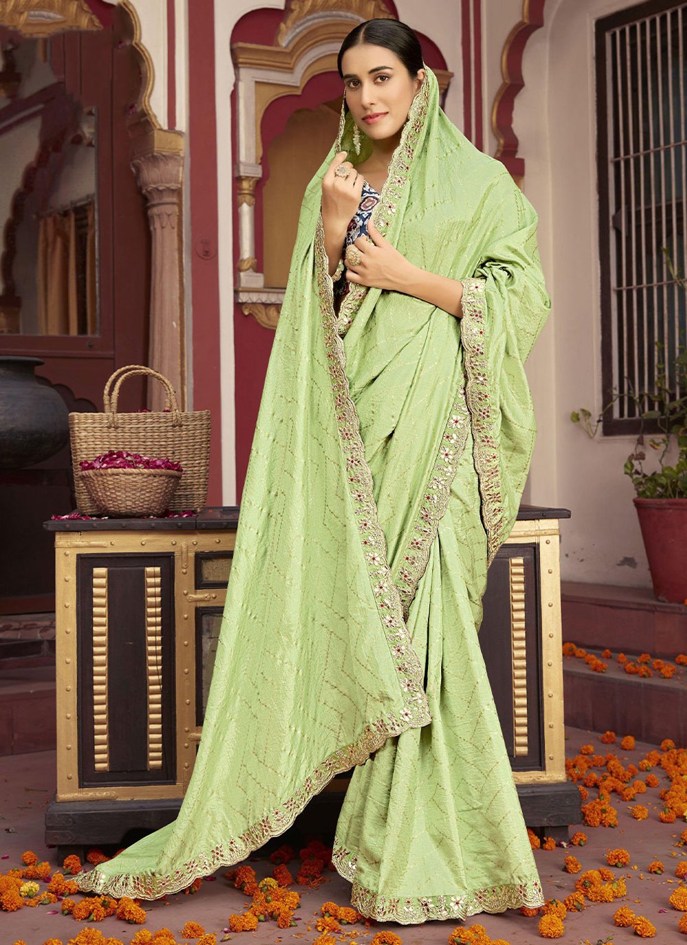 Contemporary Silk Green Foil Print Saree