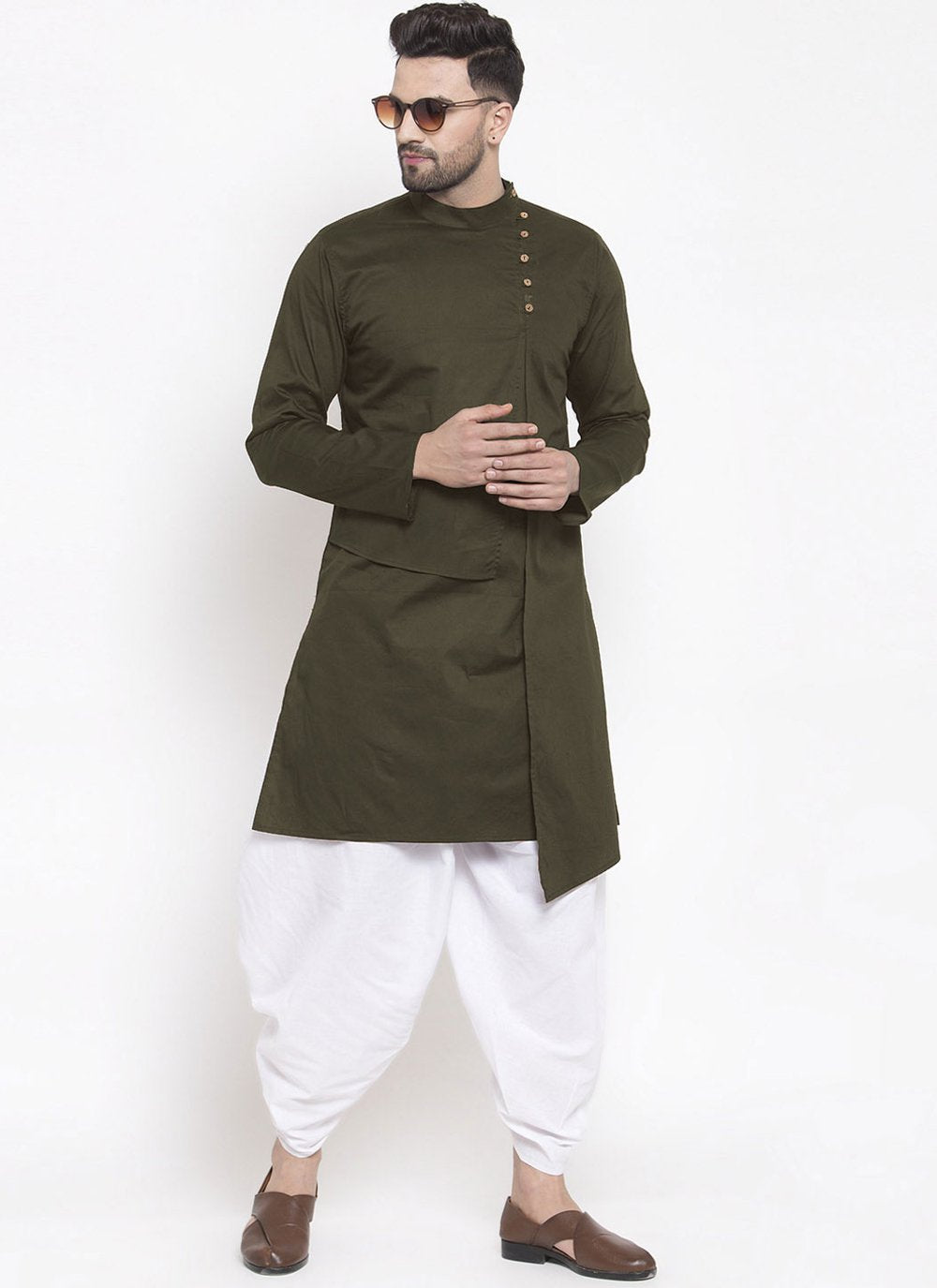 Kurta Blended Cotton Green Buttons Mens